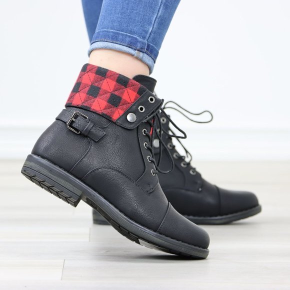 Buffalo Red Black Plaid Combat Ankles Boots Black Faux Leather - Picture 5 of 12